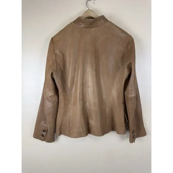 Leather Blazer Jacket with Mao Collar, Front Pockets – Brown Approx. Size M - Picture 8 of 15